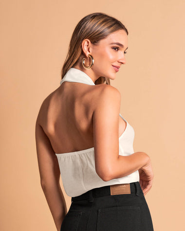 Blusa manga sisa cuello tipo halter con solapa#color_018-marfil