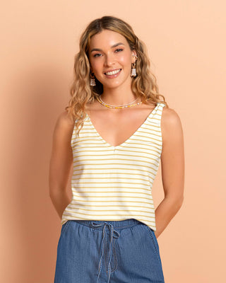 Camiseta manga sisa con anudado decorativo en hombro#color_047-rayas-amarillo-claro