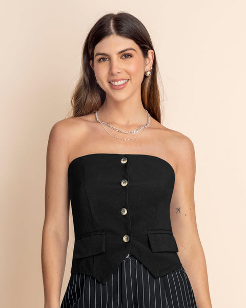 Blusa strapless con botones en frente#color_700-negro