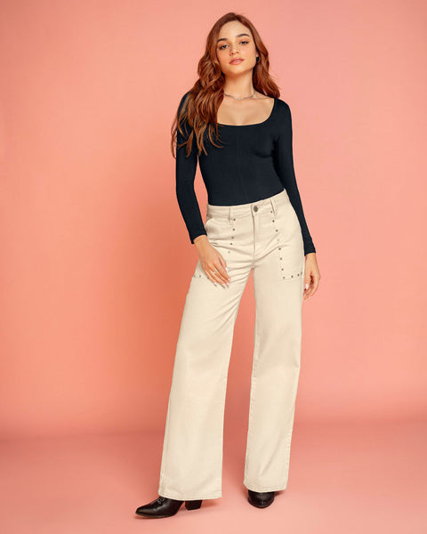 Pantalón bota recta con taches decorativos#color_018-marfil