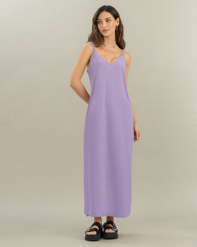 Vestido largo de escote en V en frente y espalda#color_422-lila