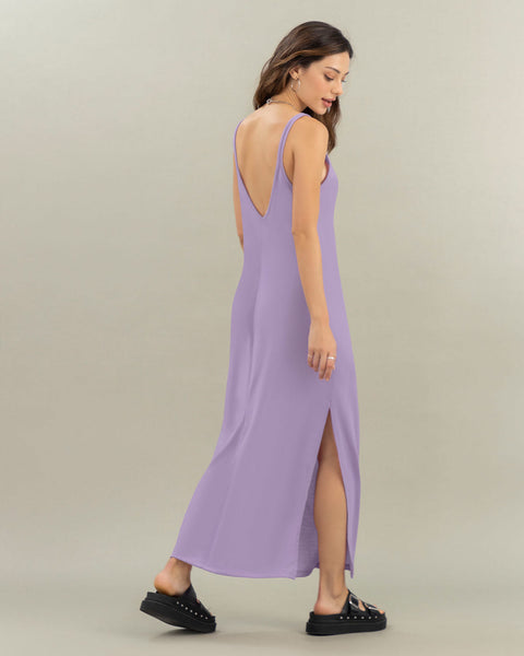 Vestido largo de escote en V en frente y espalda#color_422-lila