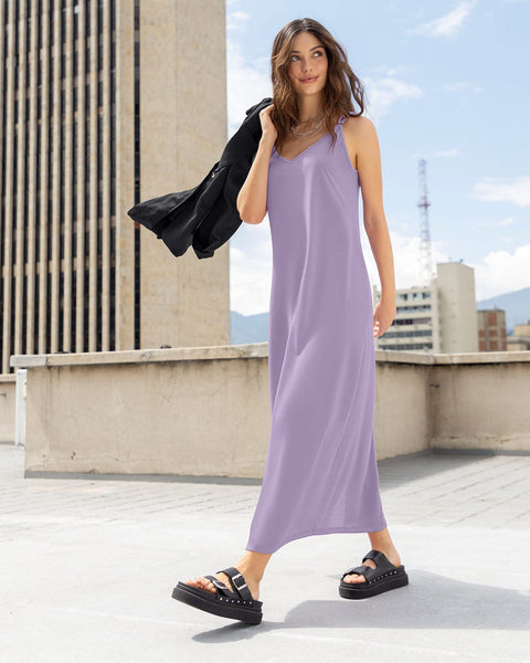 Vestido largo de escote en V en frente y espalda#color_422-lila