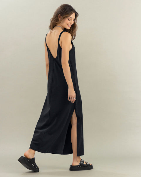Vestido largo de escote en V en frente y espalda#color_700-negro