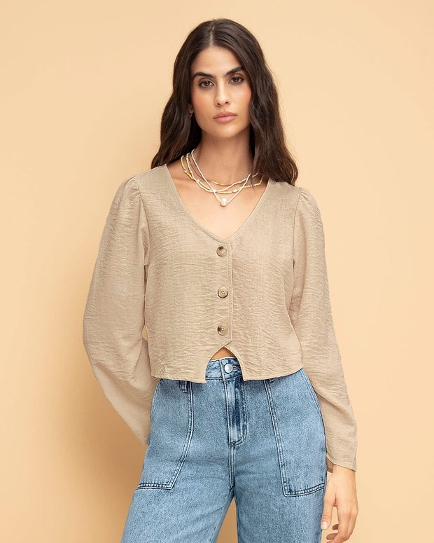 Blusa manga larga con ruedo en U invertida
