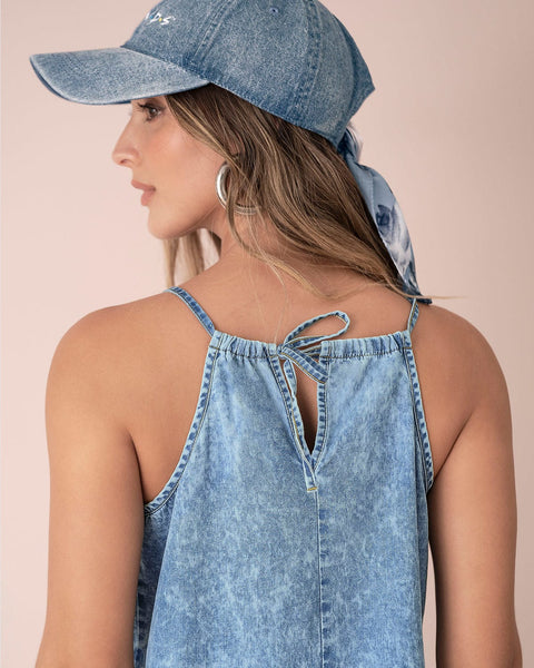 Vestido corto tipo halter#color_141-indigo-claro