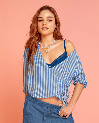 Blusa cruzada de mangas 3/4#color_022-raya-azul-claro
