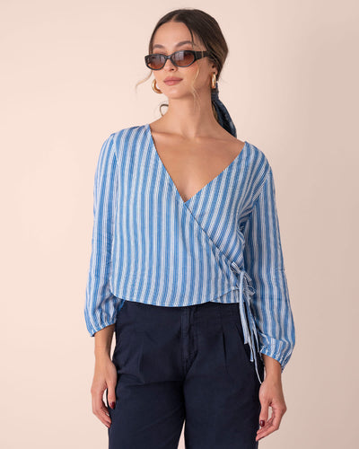 Blusa cruzada de mangas 3/4#color_022-raya-azul-claro