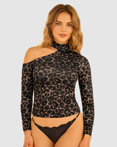 Camiseta manga larga con hombro asimétrico Leonisa by Serez#color_225-animal-print-medio