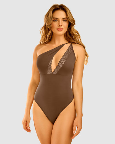 Body de escote asimétrico con encaje Leonisa by Serez#color_800-cafe-medio