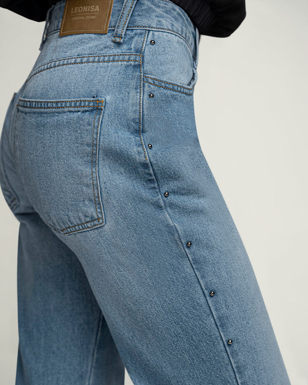 Jean bota recta con taches en los costados