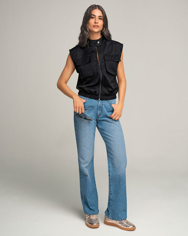 Jean bota recta con taches en los costados