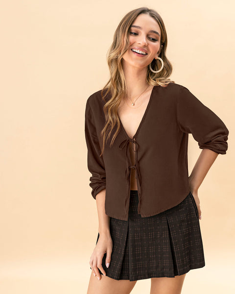 Blusa manga larga con tiras anudables en frente#color_c23-cafe