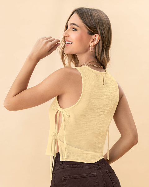 Blusa manga sisa con tiras anudables en los costados#color_c17-amarillo-claro