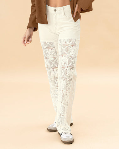 Pantalón bota ancha con detalle de aplique tejido en frente#color_018-marfil