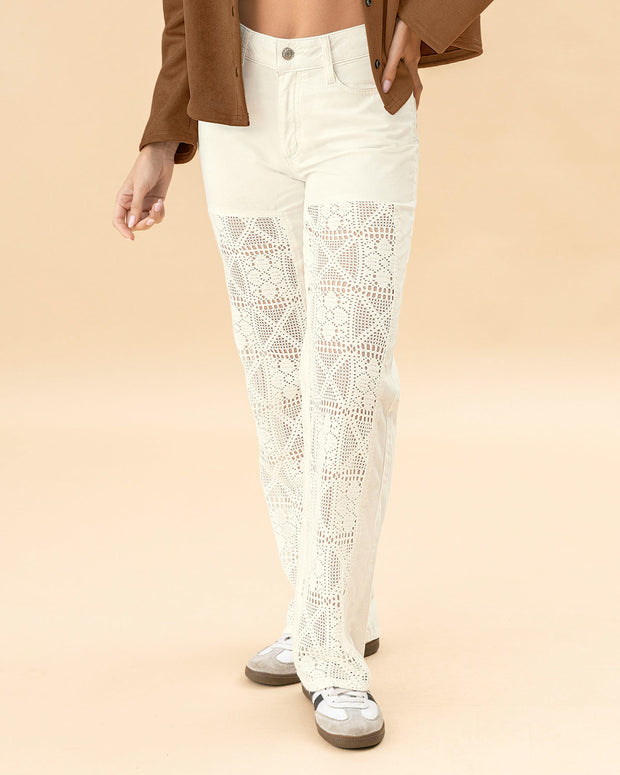 Pantalón bota ancha con detalle de aplique tejido en frente