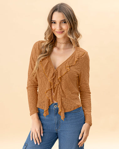 Blusa en blonda tipo encaje con boleros en frente#color_c19-ocre