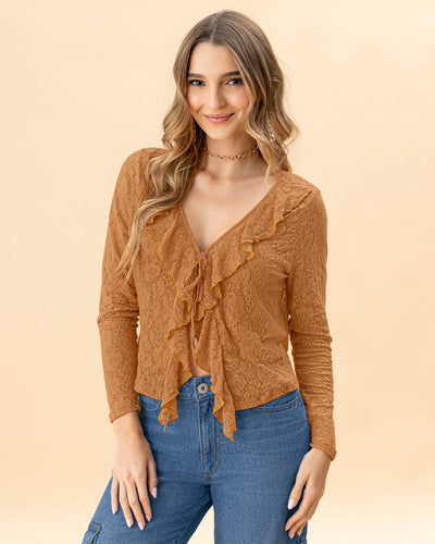 Blusa en blonda tipo encaje con boleros en frente#color_c19-ocre