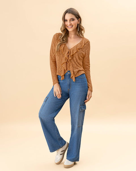 Blusa en blonda tipo encaje con boleros en frente#color_c19-ocre