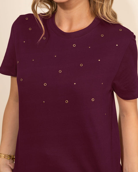 Camiseta manga corta con ojaletes metálicos#color_c37-vino-borgona
