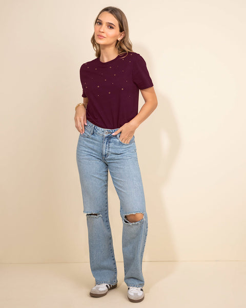 Camiseta manga corta con ojaletes metálicos#color_c37-vino-borgona