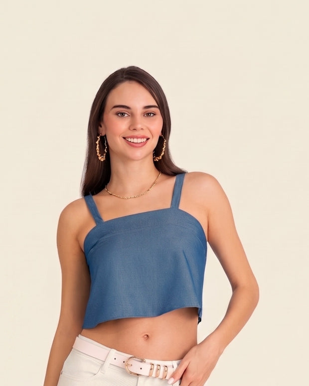 Crop top largo en tela tipo denim