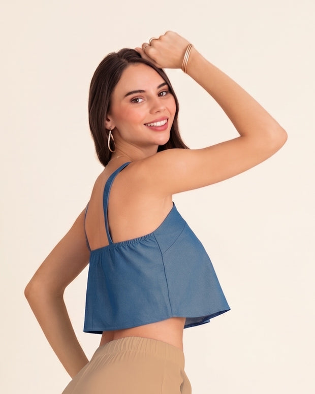 Crop top largo en tela tipo denim