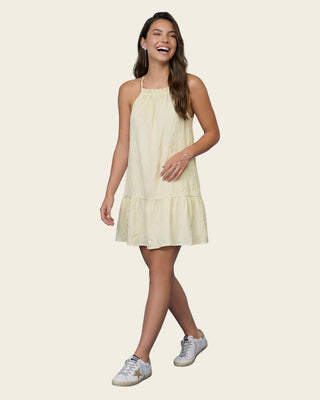 Vestido corto de tiritas con detalle recogido en cuello tipo halter#color_018-marfil