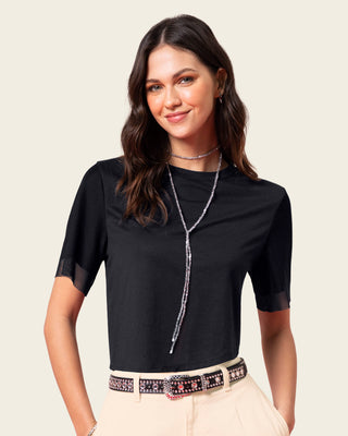 Camiseta cuello redondo con mangas en transparencia#color_700-negro