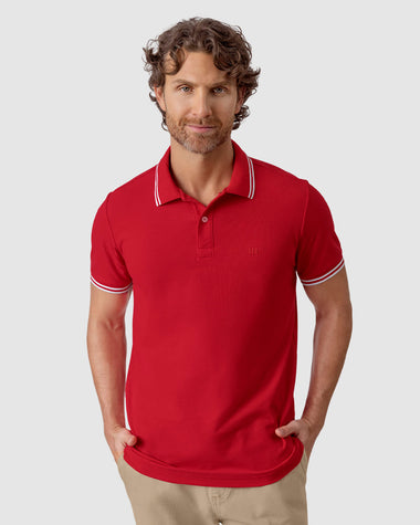 Camiseta tipo polo con cuello y mangas tejidas#color_370-rojo