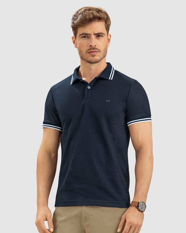 Camiseta tipo polo con cuello y mangas tejidas#color_457-azul-oscuro