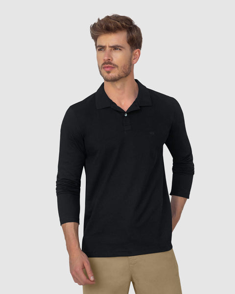 Camiseta tipo polo manga larga con bordado en frente#color_700-negro