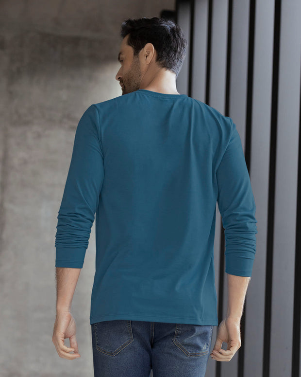Camiseta manga larga con cuello redondo y perilla funcional#color_547-azul