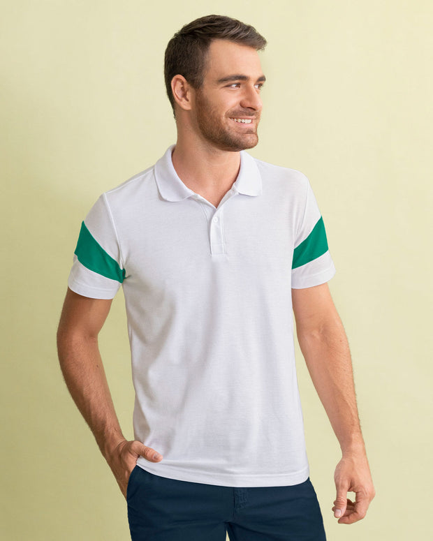 Camiseta tipo polo con perilla funcional y bloques de color en mangas#color_134-blanco-verde