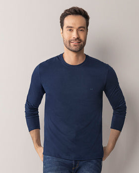 Camiseta masculina manga larga cuello redondo#color_457-azul-oscuro