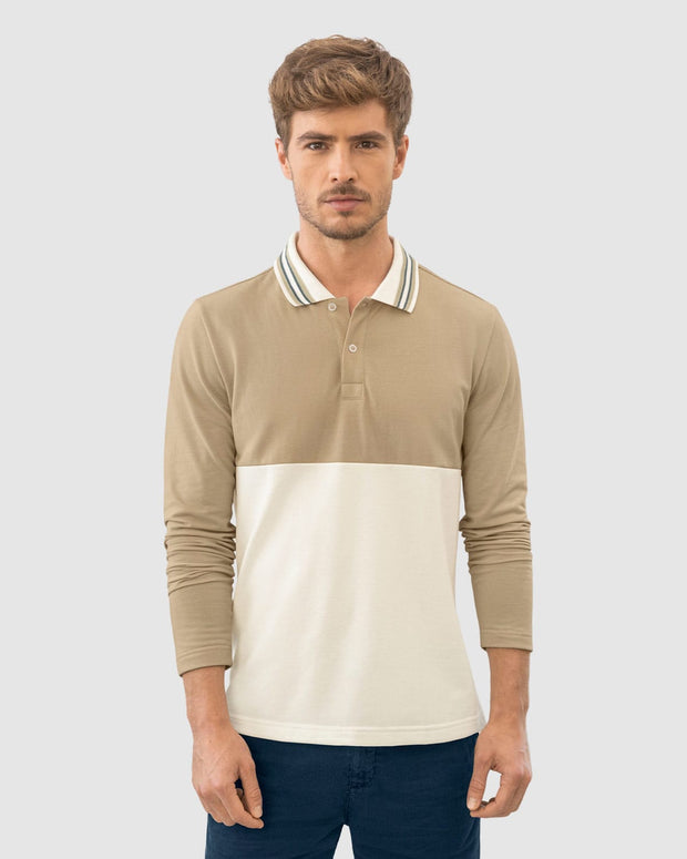 Camiseta manga largo tipo polo con bloque de color