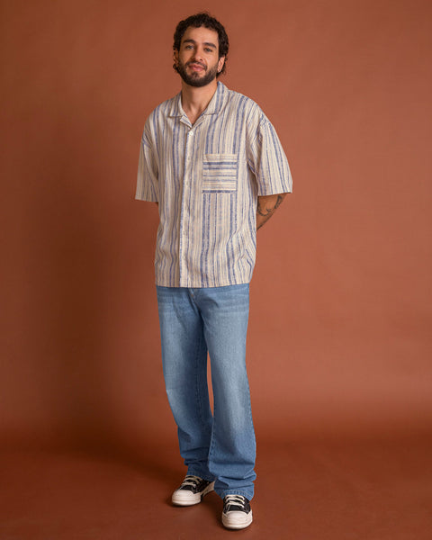 Camisa manga corta en tela tipo lino#color_517-azul