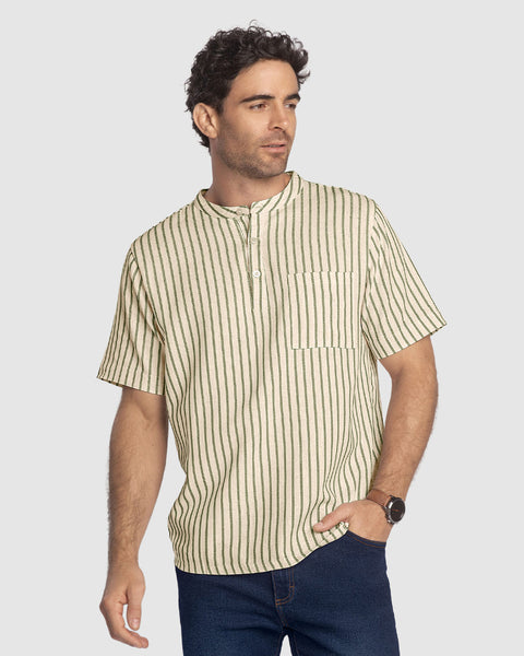 Camisa manga corta cuello nerú en tela tipo lino#color_601-rayas-verde