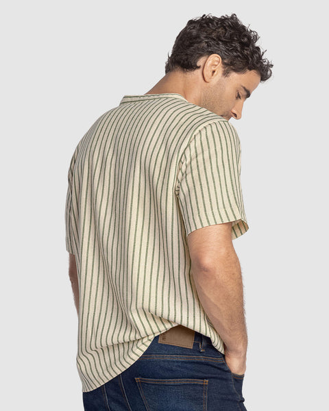 Camisa manga corta cuello nerú en tela tipo lino#color_601-rayas-verde