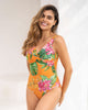 Vestido de baño con drapeado en el escote bio-pet#color_204-estampado-hojas-naranja