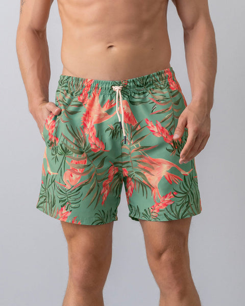 Pantaloneta corta de baño para hombre elaborada con pet reciclado#color_662-estampado-hojas-verde