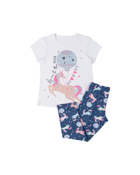 Pijama niña con estampado metalizado camiseta corta y pantalón unicornio#color_046-fondo-blanco