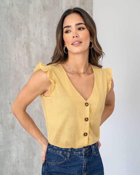 Blusa manga sisa con perilla funcional y detalle de bolero en hombros#color_107-amarillo-claro