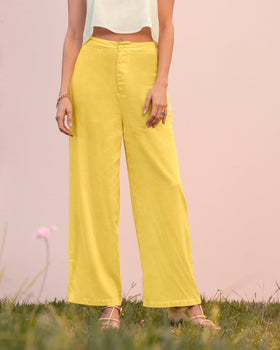 Pantalón de tiro alto con silueta amplia en pierna#color_106-amarillo-claro