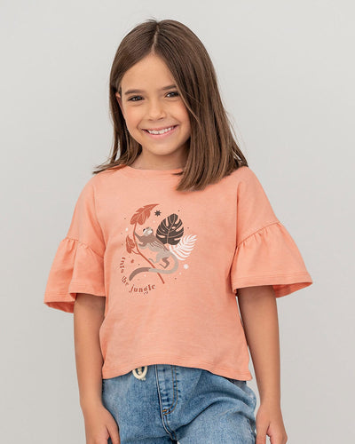 Camiseta manga corta con boleros en mangas para niña#color_301-rosado-anaranjado