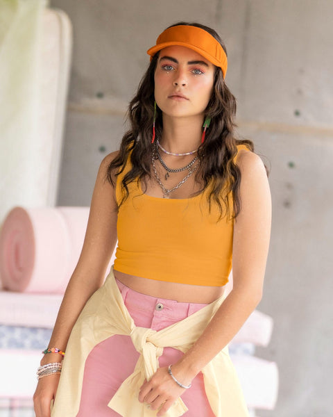 Camiseta manga sisa crop top en tejido acanalado#color_203-naranja