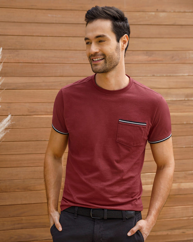 Camiseta manga corta con puños tejidos#color_320-vinotinto